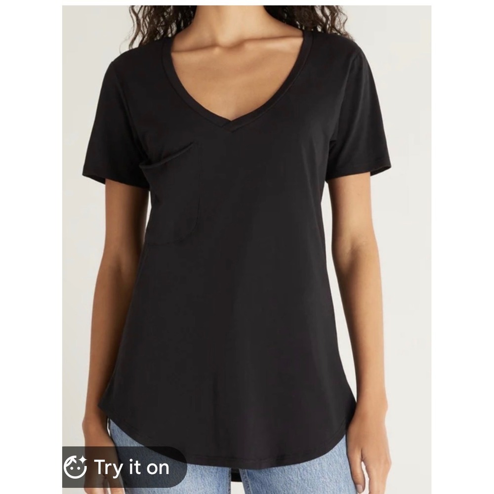 Z Supply The Pocket Tee Black V-Neck Short Sleeve T-Shirt Curved Hem Small NWT
